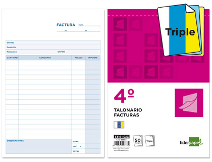 Talonario Liderpapel Facturas 4º natural 50 juegos triplicado con IGIC